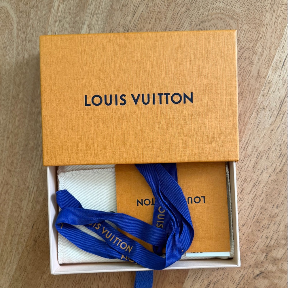 Louis Vuitton Orange Box with Blue Ribbon and Cream Pouch